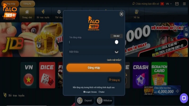 Đăng nhập ALO789 trên website