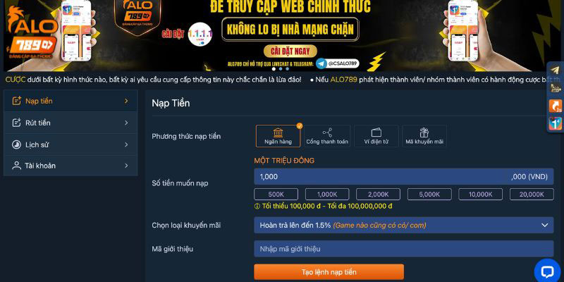 Hướng dẫn nạp tiền tham gia game tại nền tảng ALO789