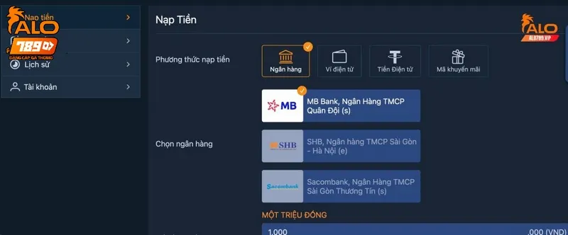 Nạp tiền ALO789 bằng cách chuyển khoản ngân hàng rất thông dụng