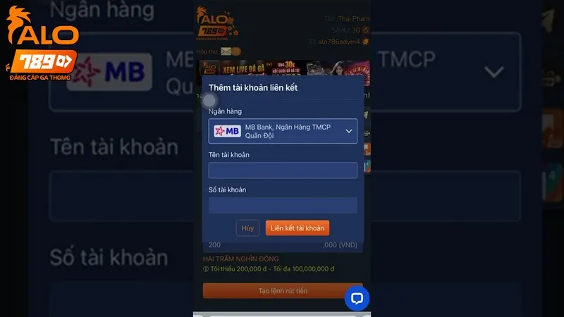 Hướng dẫn cách liên kết tài khoản khi rút tiền ALO789